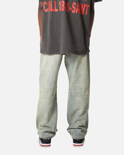 MNML Knee Distressed Ultra Baggy Denim Jeans Vintage Blue