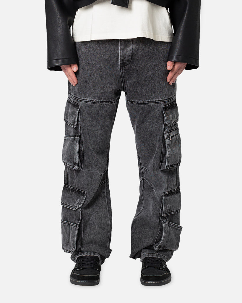 MNML Baggy Rave Cargo Denim Jeans Washed Black | Culture Kings