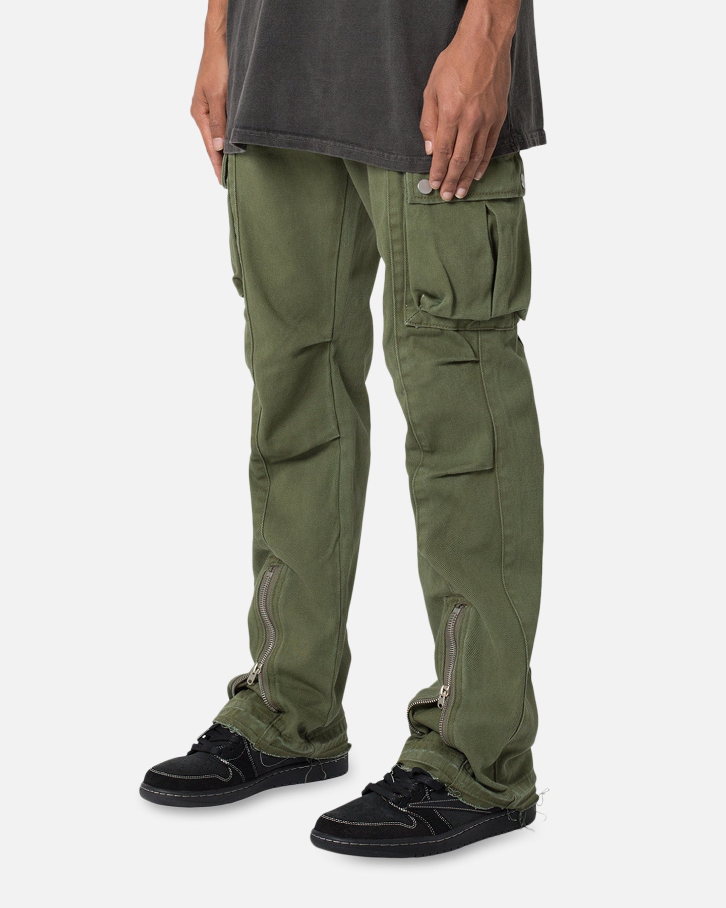 MNML Front Zip Flare Cargo Pants Olive | Culture Kings