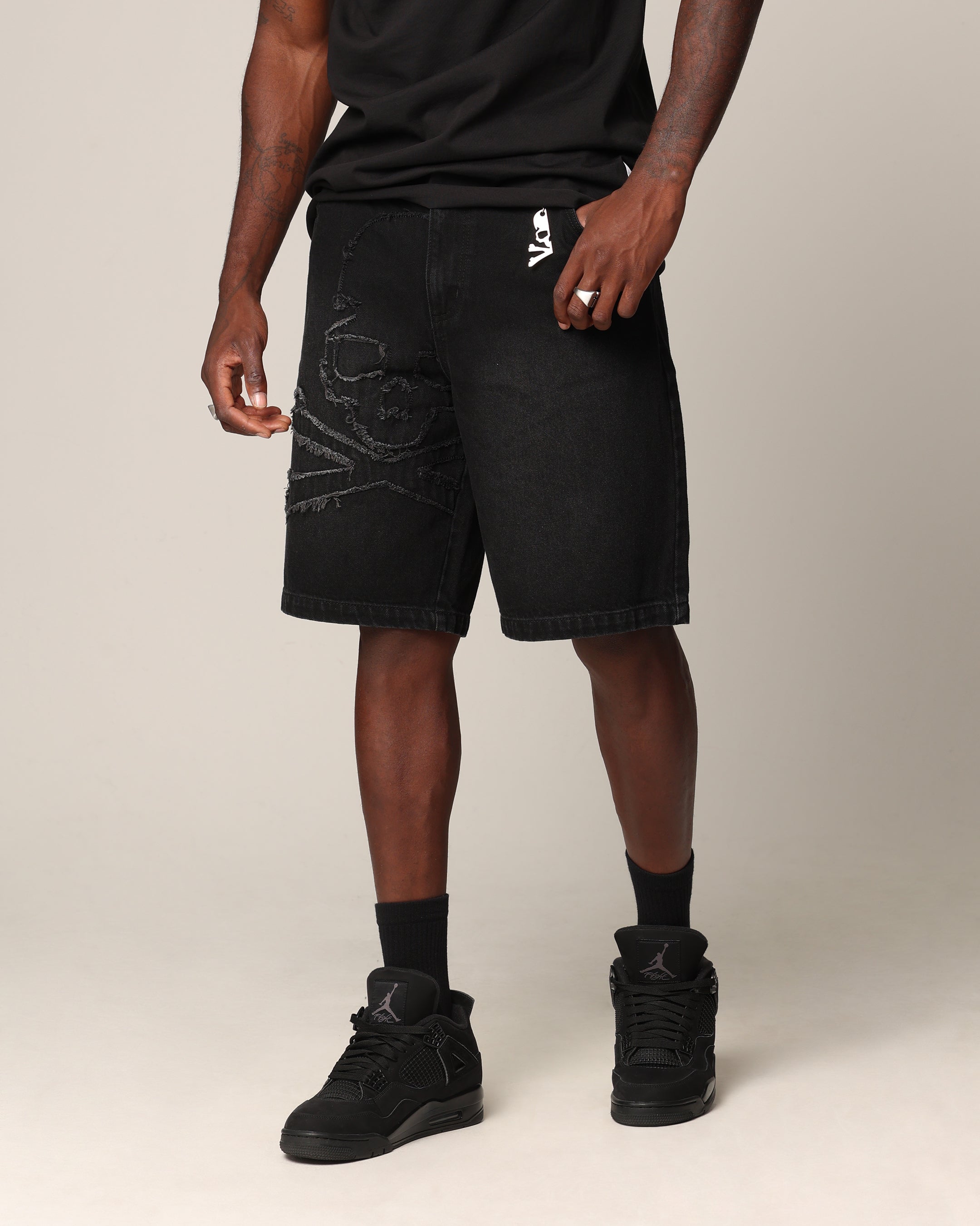 Saint Morta Half Skull Denim Shorts Washed Black | Culture Kings