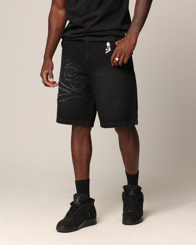 Saint Morta Half Skull Denim Shorts Washed Black