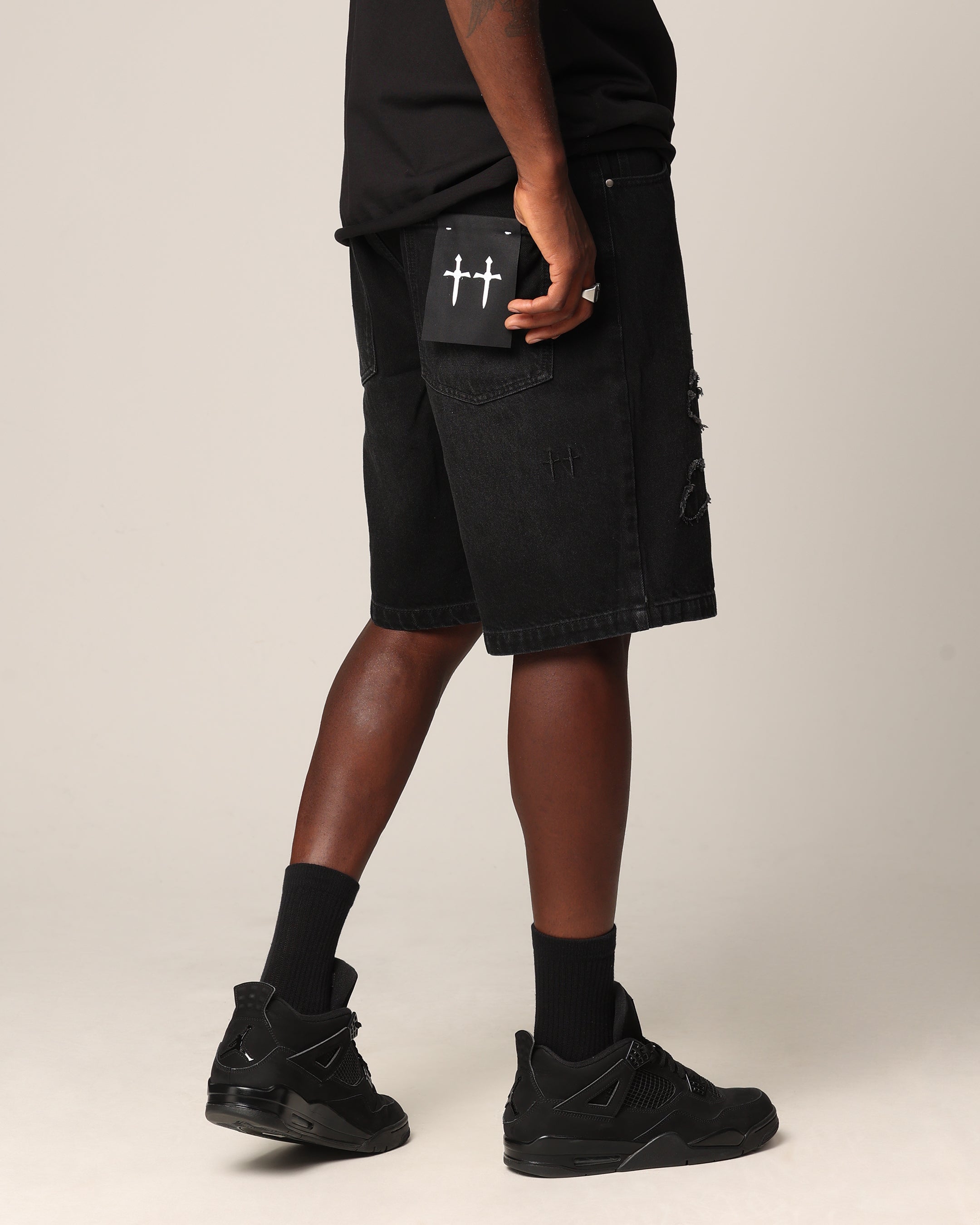 Saint Morta Half Skull Denim Shorts Washed Black | Culture Kings
