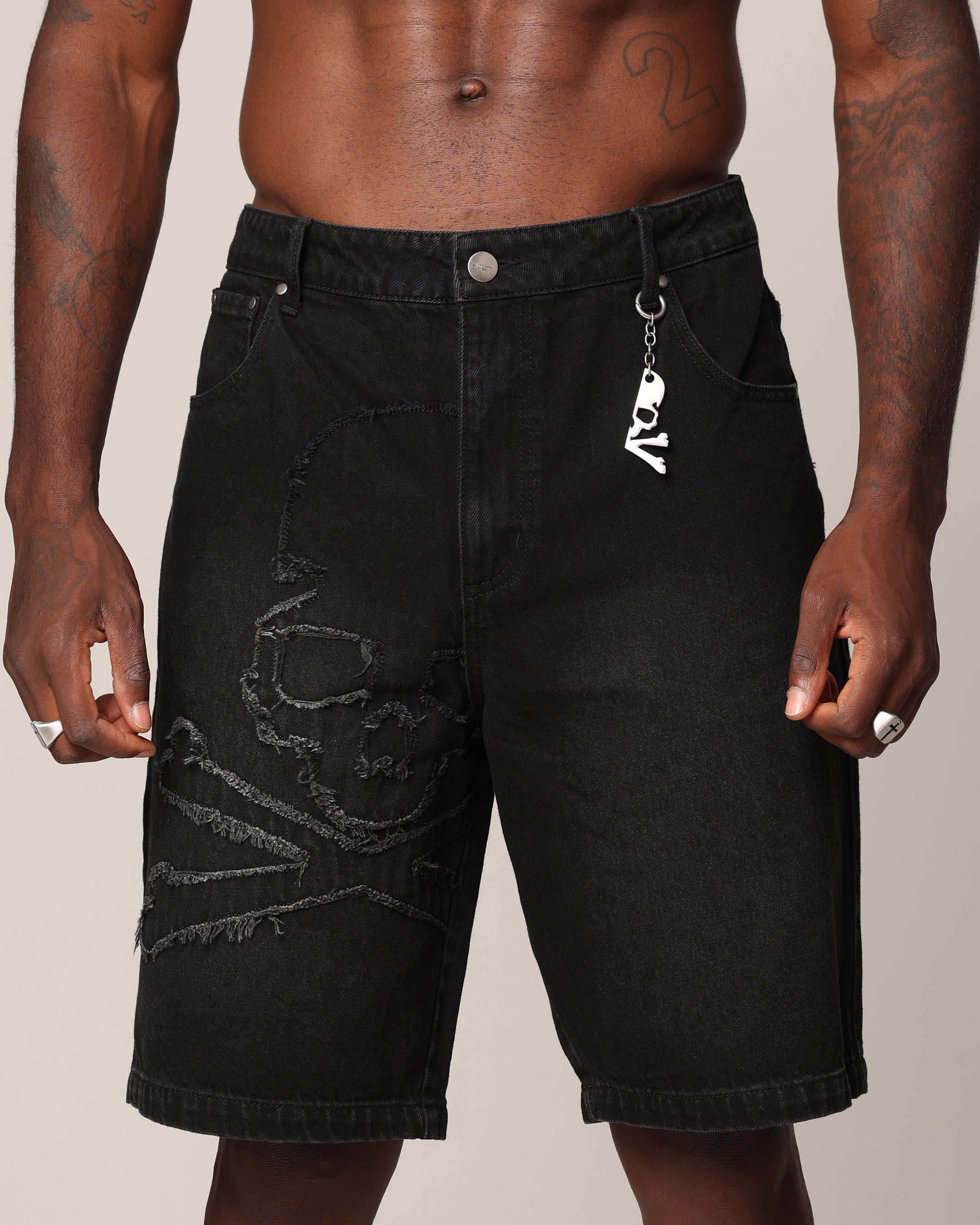 Saint Morta Half Skull Denim Shorts Washed Black | Culture Kings