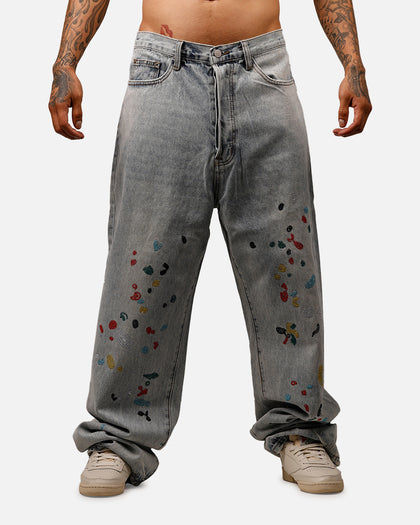 MNML Ultra Baggy Paint Splat Denim Jeans Light Blue