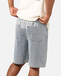 S Double Print Denim Standard Shorts Light Blue