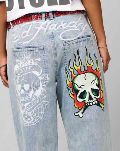 Ed Hardy Wide Leg Skull Jeans Light Blue