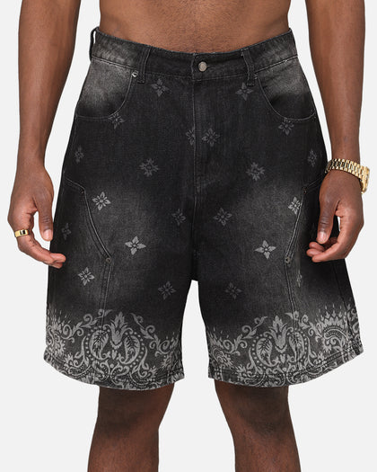 Criminal Damage Laser Print Denim Shorts Washed Black