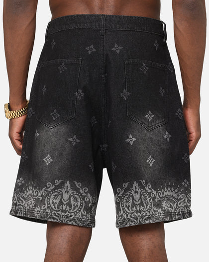 Criminal Damage Laser Print Denim Shorts Washed Black