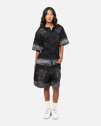 Criminal Damage Laser Print Denim Shorts Washed Black