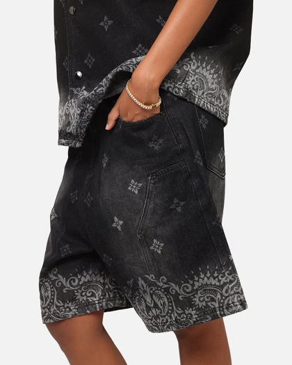 Criminal Damage Laser Print Denim Shorts Washed Black