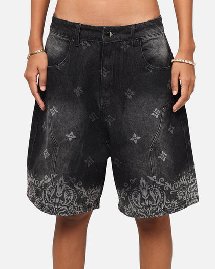 Criminal Damage Laser Print Denim Shorts Washed Black