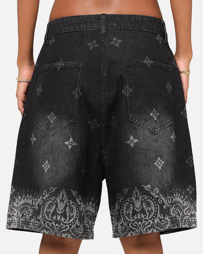 Criminal Damage Laser Print Denim Shorts Washed Black