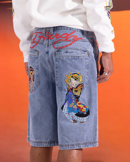 Ed Hardy Geisha Jorts Light Wash Blue