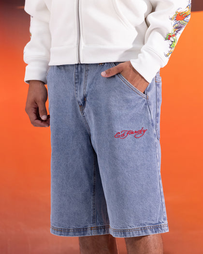 Ed Hardy Geisha Jorts Light Wash Blue