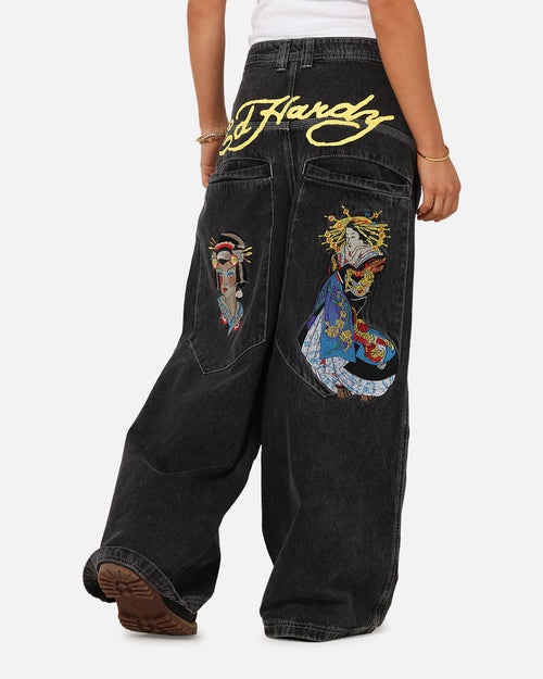 Ed Hardy Ultra Wide Leg Denim Jeans Black/Yellow
