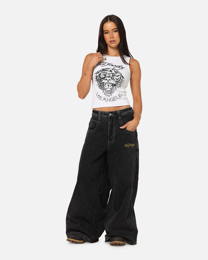 Ed Hardy Ultra Wide Leg Denim Jeans Black/Yellow