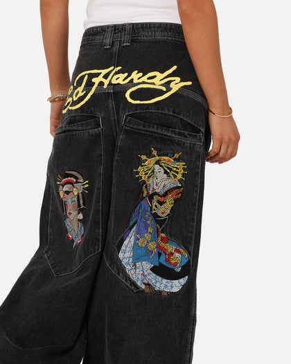 Ed Hardy Ultra Wide Leg Denim Jeans Black/Yellow