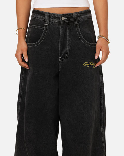Ed Hardy Ultra Wide Leg Denim Jeans Black/Yellow