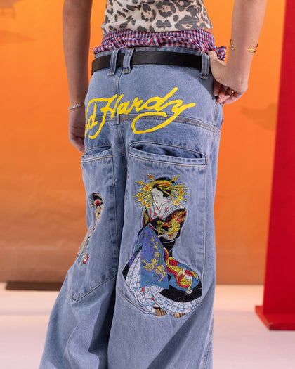 Ed Hardy Ultra Wide Leg Denim Jeans Light Wash Blue