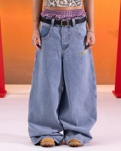 Ed Hardy Ultra Wide Leg Denim Jeans Light Wash Blue