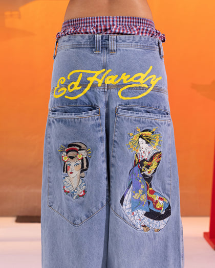 Ed Hardy Ultra Wide Leg Denim Jeans Light Wash Blue