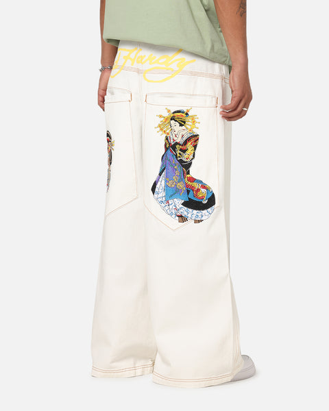 Ed Hardy Ultra Wide Leg Denim Jeans Off White/Yellow | Culture Kings