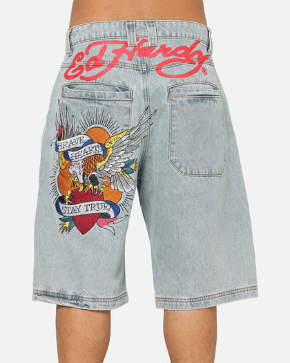Ed Hardy Brave Hearts Jorts Light Wash Denim