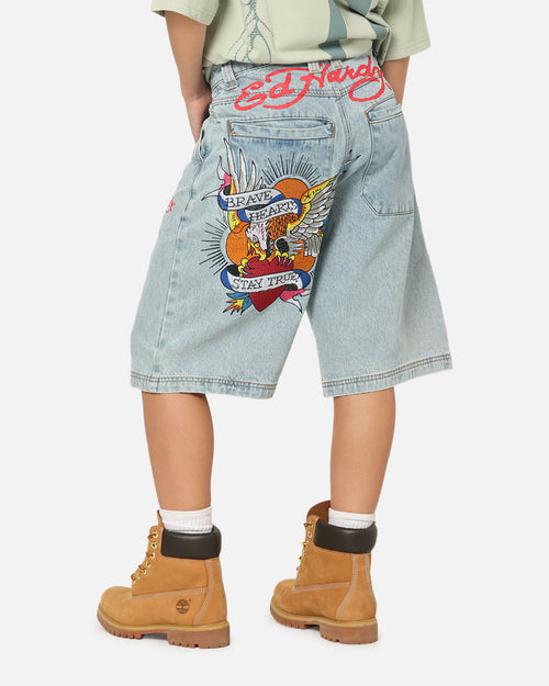 Ed Hardy Brave Hearts Jorts Light Wash Denim
