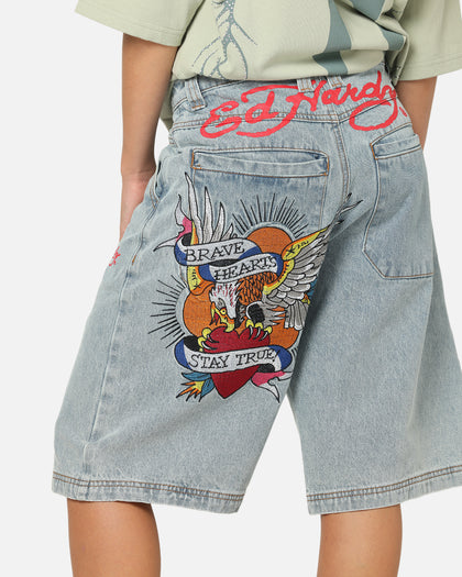 Ed Hardy Brave Hearts Jorts Light Wash Denim