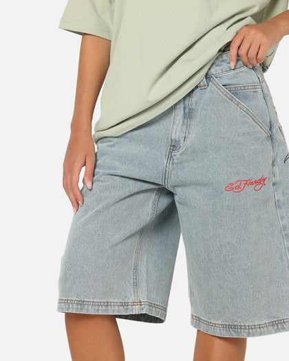 Ed Hardy Brave Hearts Jorts Light Wash Denim