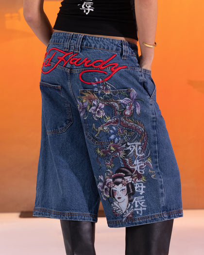 Ed Hardy Women's Death Before Dishonour Jorts Blue Mid Wash