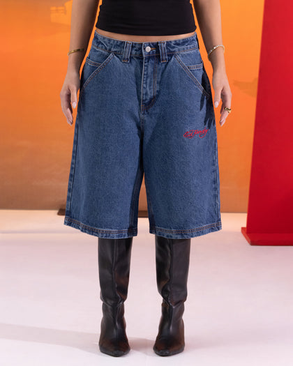 Ed Hardy Women's Death Before Dishonour Jorts Blue Mid Wash