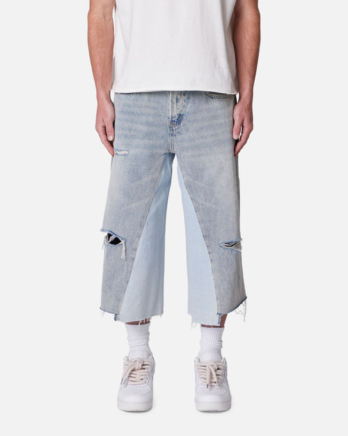 MNML Panelled Denim Shorts Light Blue Wash