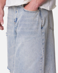 MNML Panelled Denim Shorts Light Blue Wash