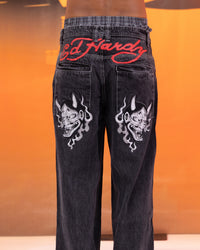Ed Hardy Devil Wide Leg Denim Jeans Black