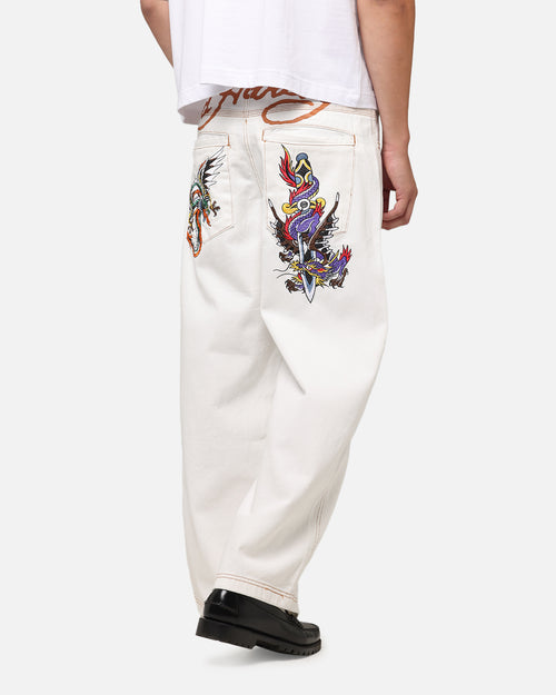 Ed Hardy Dragon Wide Leg Denim Jeans Off White