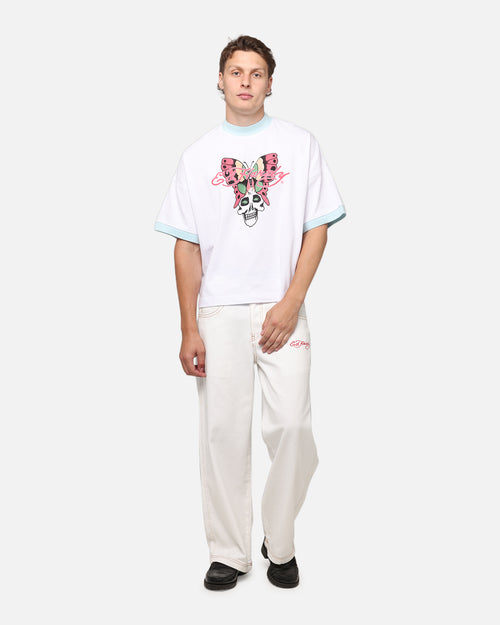 Ed Hardy Dragon Wide Leg Denim Jeans Off White