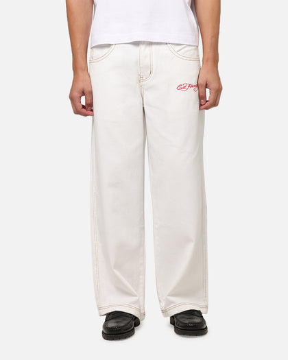 Ed Hardy Dragon Wide Leg Denim Jeans Off White
