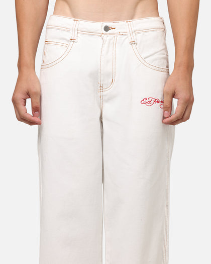 Ed Hardy Dragon Wide Leg Denim Jeans Off White