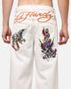 Ed Hardy Dragon Wide Leg Denim Jeans Off White
