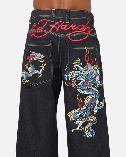 Ed Hardy Dragon Ultra Wide Leg Jeans Indigo Denim