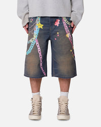 MNML Ultrabaggy Chain Printed Denim Shorts Blue