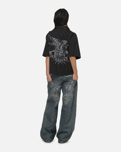 Ed Hardy Eagle Button Up Shirt Black Pinstripe