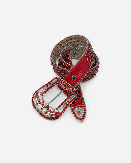 MNML All Over Rhinestone Studded Belt Red
