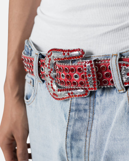 MNML All Over Rhinestone Studded Belt Red
