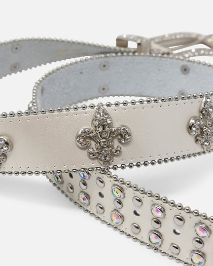 MNML Fleur Studded Rhinestone Belt Off White