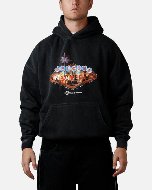 73Studio X Fallout Vegas Lights Rhinestone Hoodie Black Acidwash