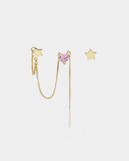 Raising Hell Women's Starry Heart Earrings Chain Gold/Pink