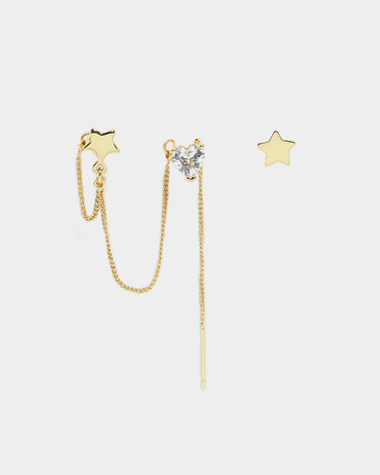 Raising Hell Women's Starry Heart Earrings Chain Iced Gold