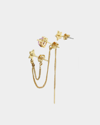 Raising Hell Women's Starry Heart Earrings Chain Iced Gold